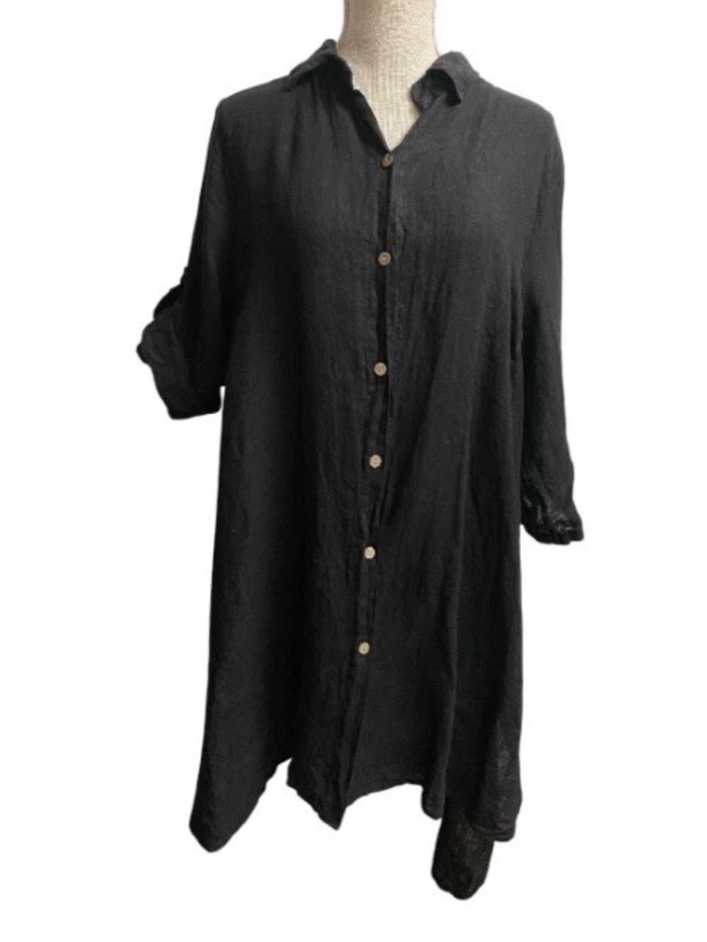 Merci Marie Made In Italy Black Linen Shirt Dress Sz S Roll Tab Sleeves Pockets